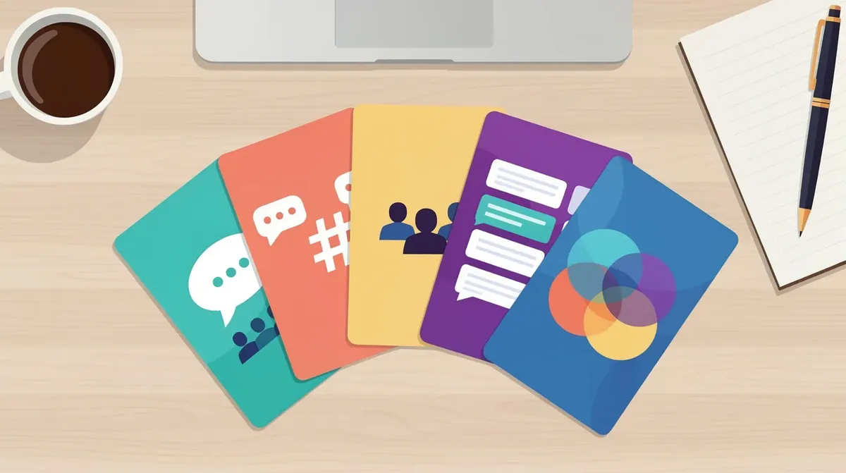The image depicts a flat illustration of colorful app cards arranged in a fan shape on a desk, each showcasing different community platform options for community building, including features like discussion forums, member profiles, and engagement tools for community members. These vibrant cards represent various platforms that can enhance online community engagement and support community leaders and builders.