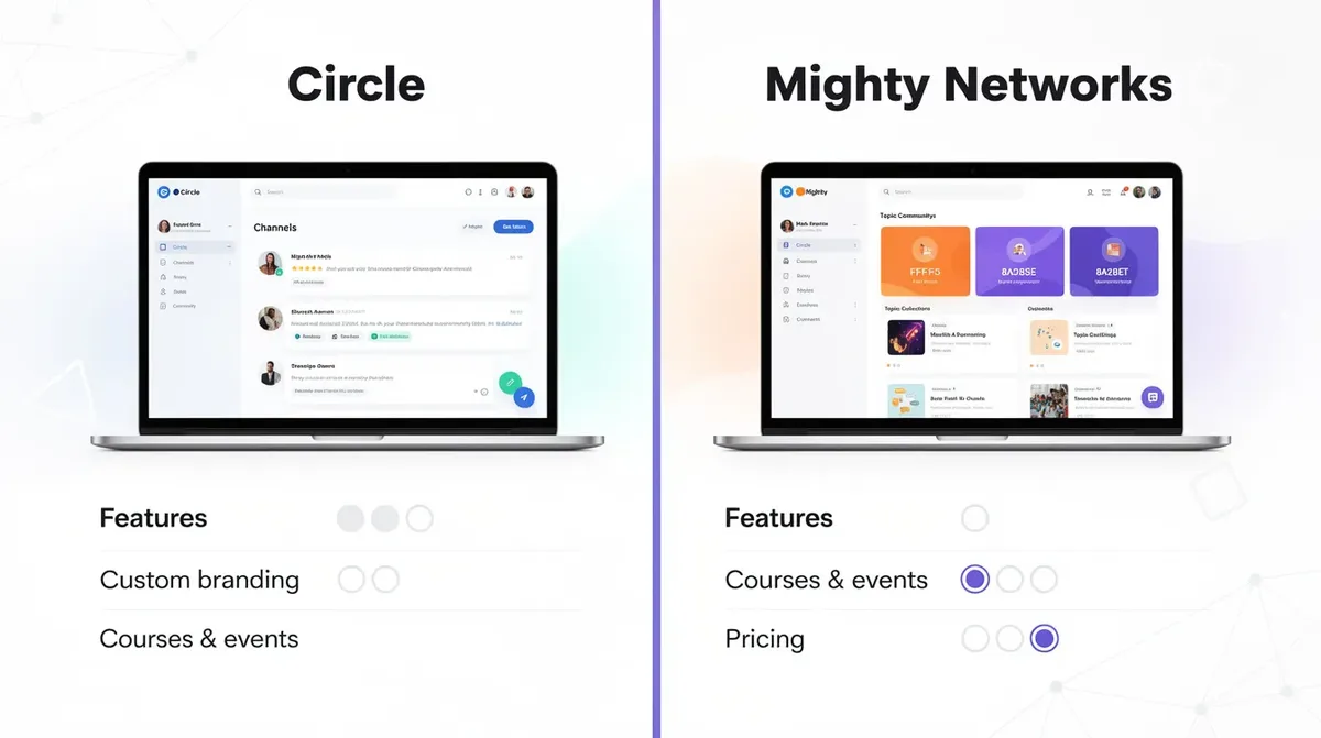 The image presents a comparison between Circle and Mighty Networks, highlighting their unique features and community engagement tools. It showcases aspects such as community structure, member categories, and course builder capabilities, emphasizing how both platforms support community builders in creating and managing vibrant online communities.