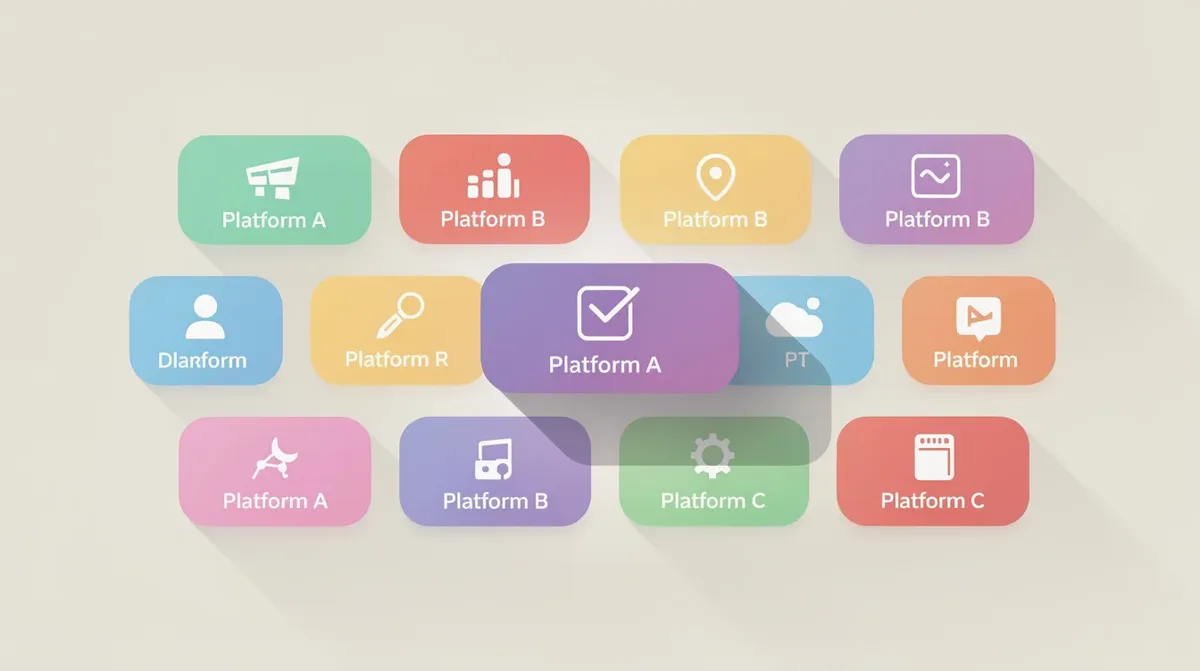 The image features a flat-style illustration of several colorful app cards, each showcasing different platform options for online communities and courses, with one card slightly elevated to highlight its significance. This visual representation emphasizes the variety of features available, such as engagement tools and community areas, that can enhance user experience in online learning and social networking.