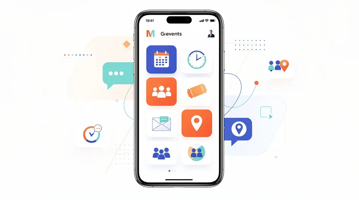 This abstract illustration depicts a branded mobile app interface showcasing various icons representing events and community features, ideal for engaging community members on a thriving online community platform like Mighty Networks. The design emphasizes user-friendly navigation and community building elements, highlighting the key features of a successful community space.