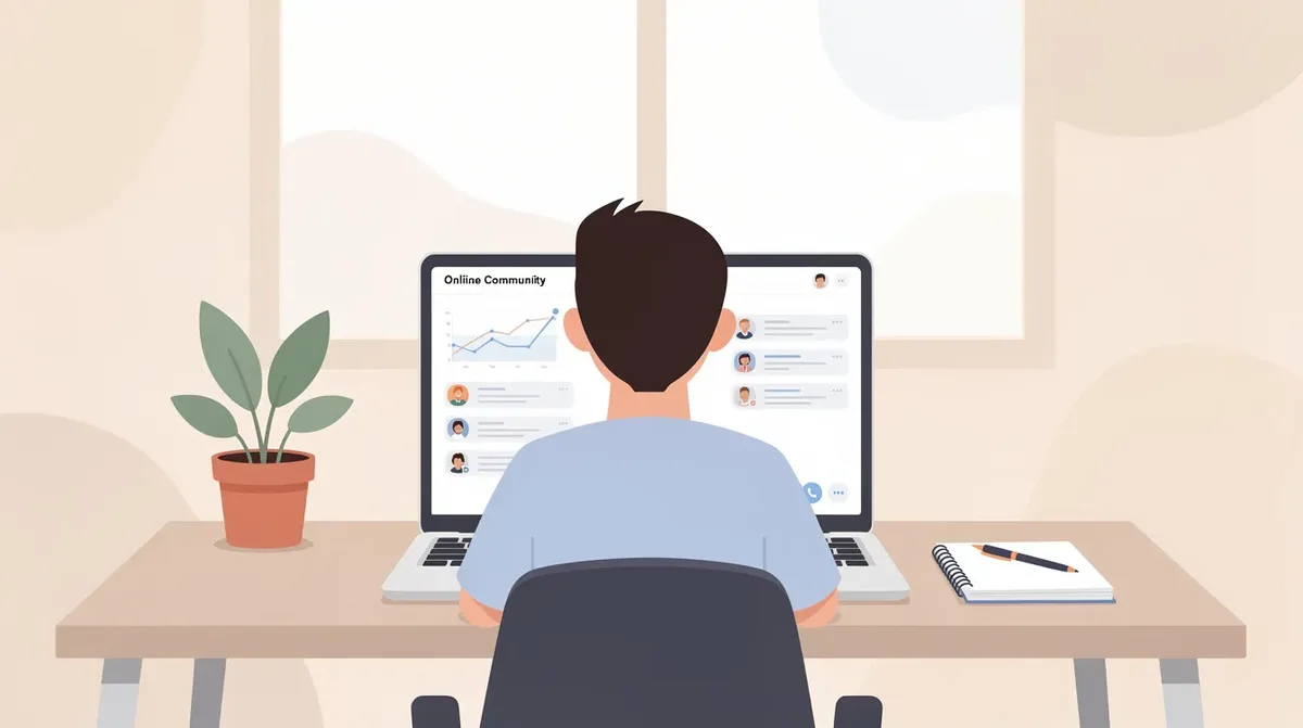 A creator is seated at a laptop, engaged in managing an online community dashboard within a clean and minimal workspace, depicted in a flat illustration style. This image represents the ease of using the Podia platform for course creation and community building, showcasing tools for digital products and marketing strategies.