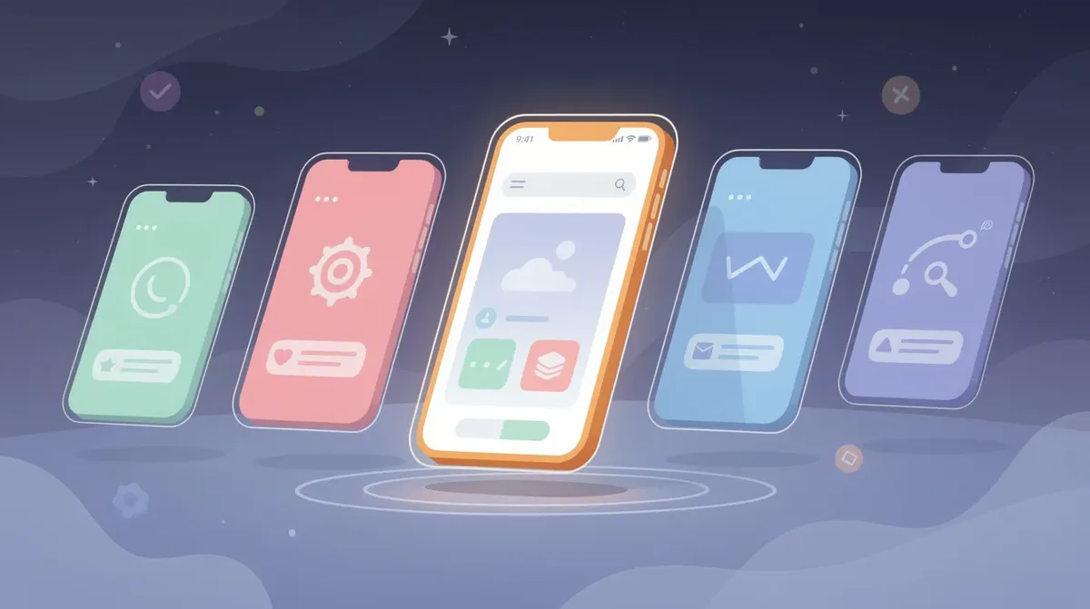 The image features a vibrant flat illustration of several app cards floating in space, each representing different community platforms, with one card elevated above the rest to signify its importance. The cards highlight various community features, such as online course creation and community management tools, showcasing options for building engaging online communities.