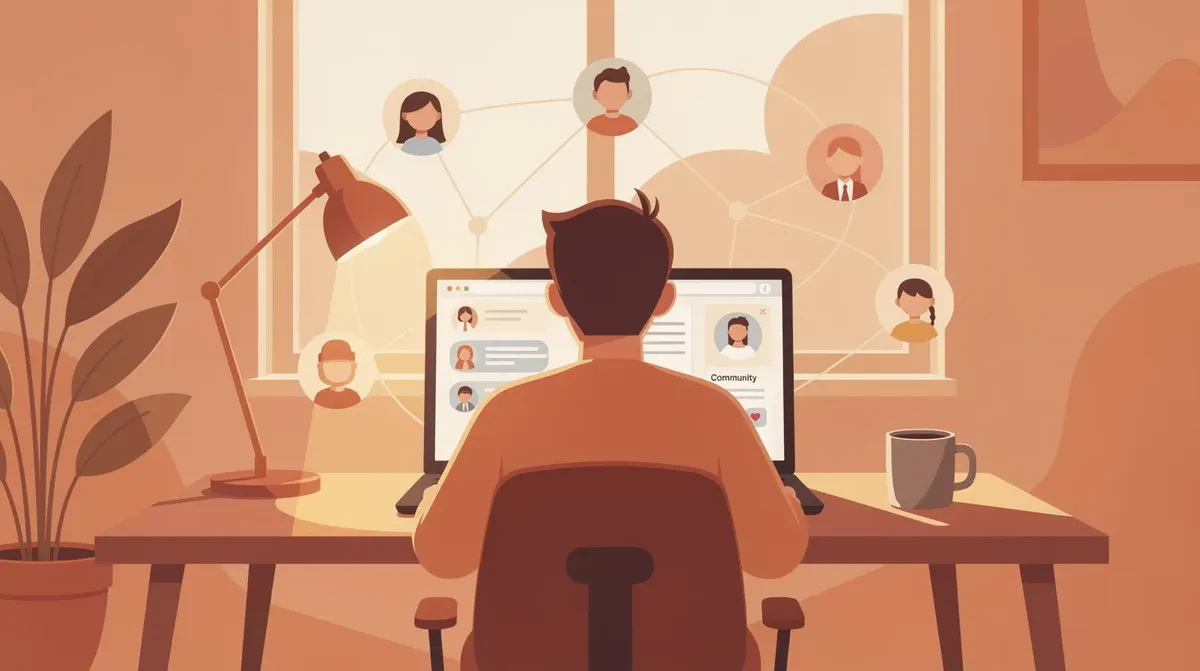 A creator is depicted sitting at a laptop, actively managing an online community with a focus on community engagement and building. The flat illustration features warm colors, symbolizing the vibrant and engaged community members within the skool community platform.