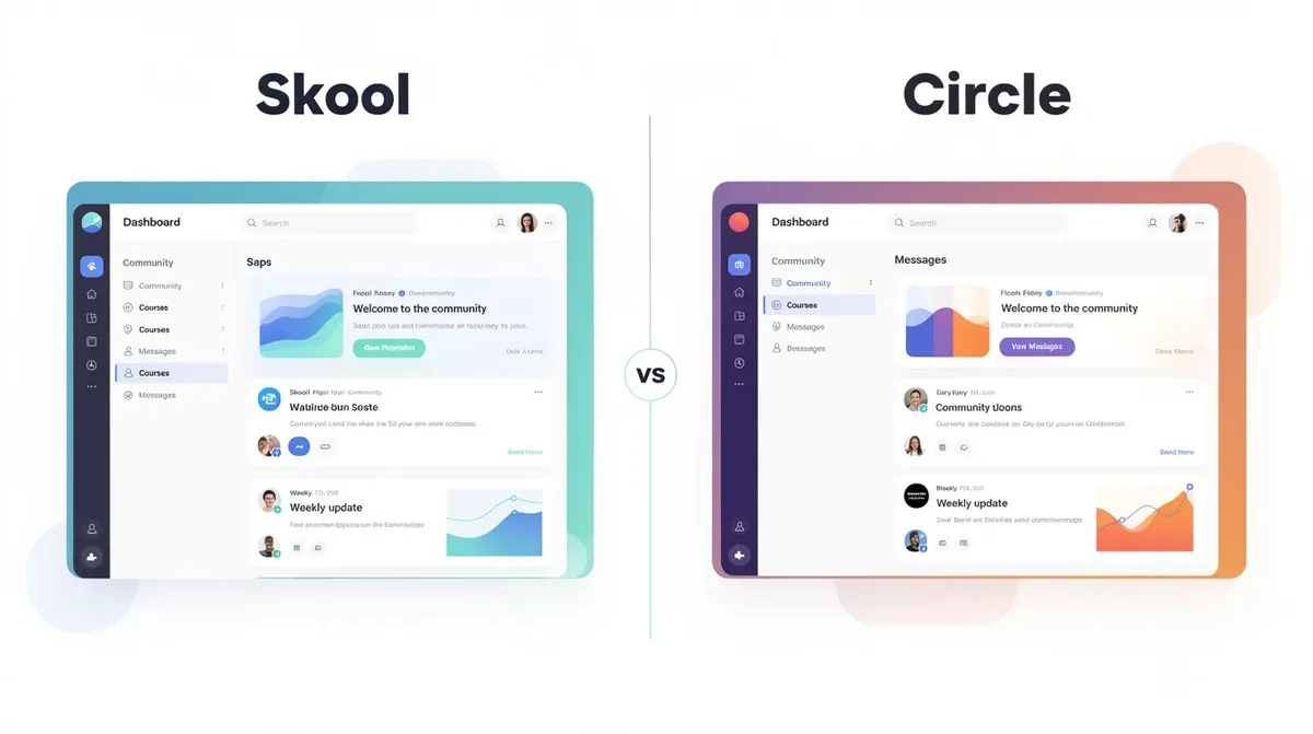 The image compares Skool and Circle as community platforms, highlighting features such as native video hosting, community engagement tools, and the ability to create unlimited courses. It visually represents the differences in their offerings for community building, including course spaces and membership options, while emphasizing how each platform supports serious community businesses.