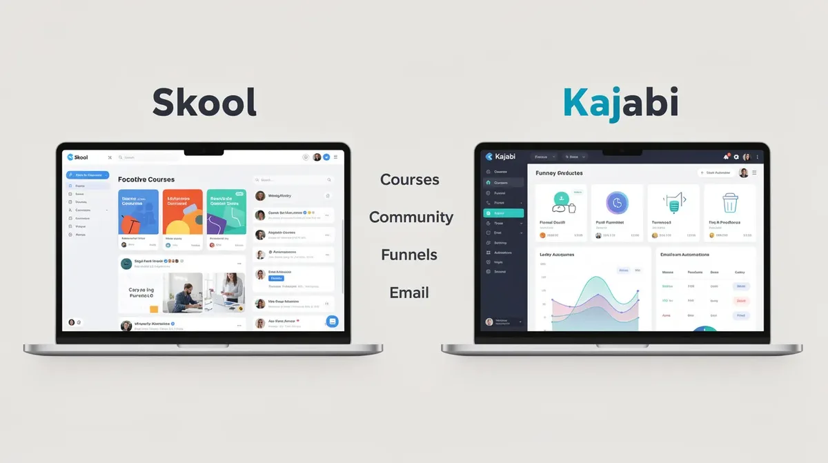 The image illustrates a comparison between Skool and Kajabi, focusing on their features for creating and selling online courses. It highlights key aspects like community engagement, course content management, and the differences in their all-in-one platforms, showcasing how each platform supports community-led learning and course business growth.
