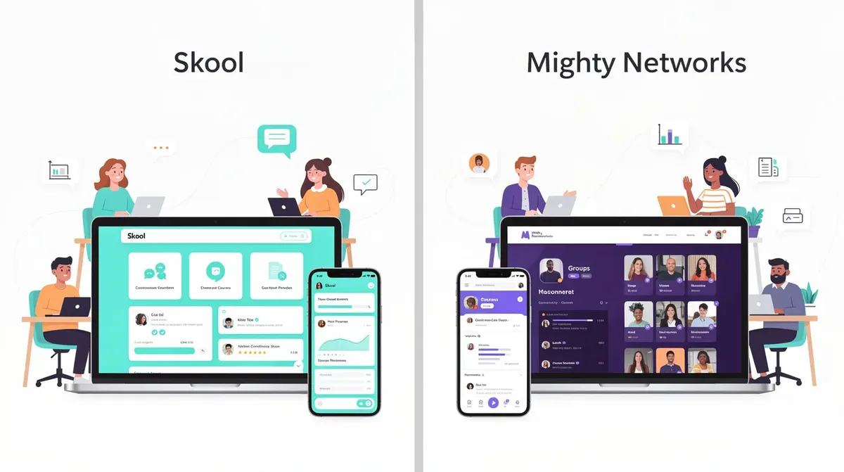 The image illustrates a comparison between Skool and Mighty Networks, highlighting their key features as community platforms for course creation and engagement. It showcases elements like native video hosting, mobile app capabilities, and community building tools that differentiate the two platforms for community members and course creators.